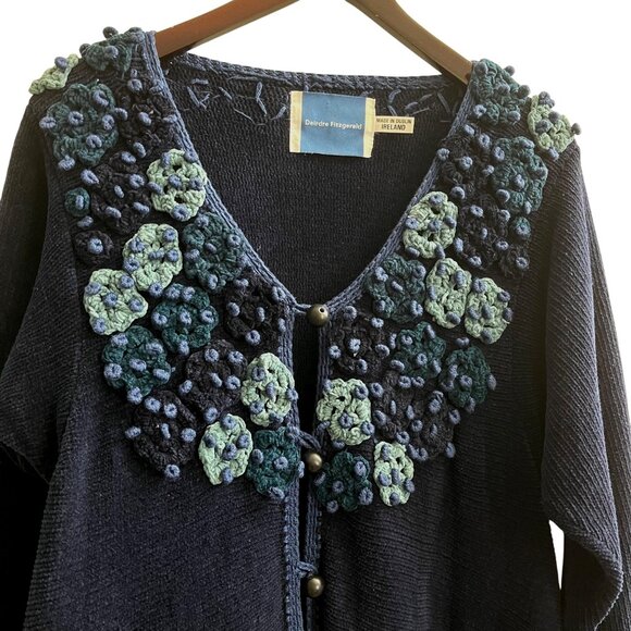 Vintage 1990s Deirdre Fitzgerald Blue Chunky Knit Button Front Tunic Sweater - Picture 2 of 7